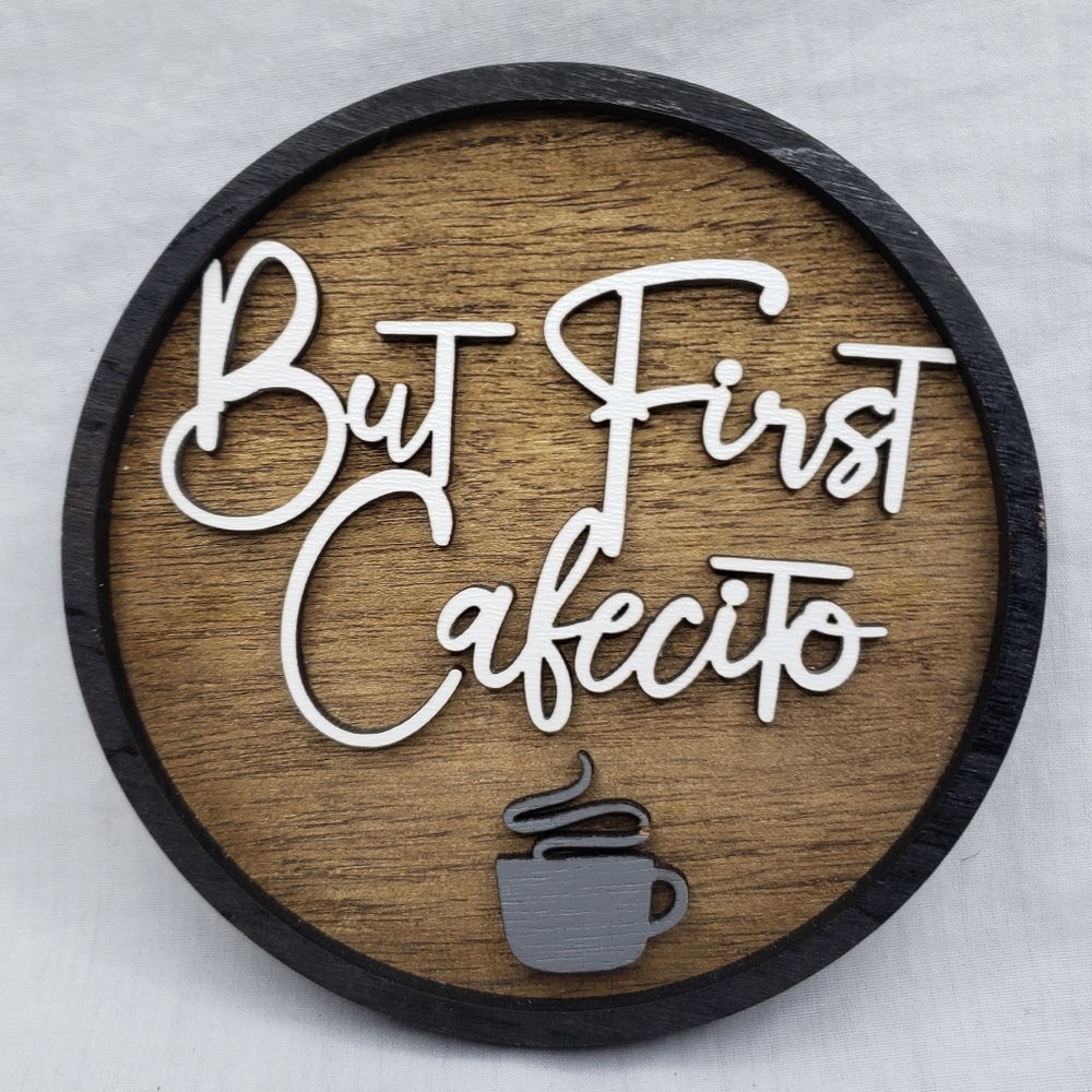 Rustic Wooden Wall Art - 'But First Cafecito' Sign Coffee Station